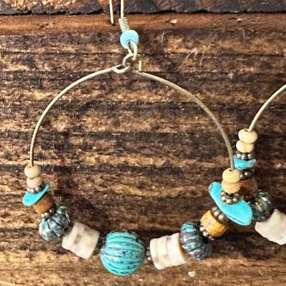 Handmade Western Hippie Copper Wire Turquoise Wooden Beads Drop Earrings, Gift - Picture 5 of 8